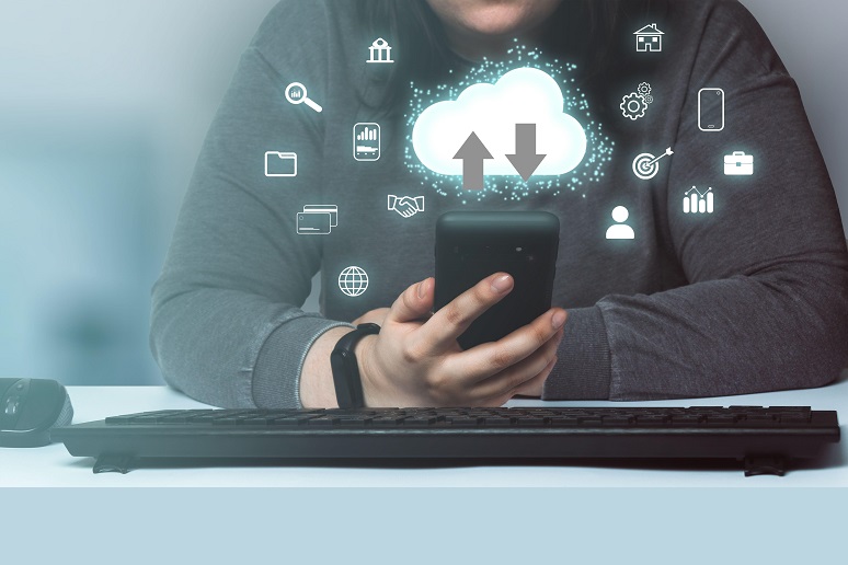 Woman using smartphone with cloud interface concept. Computing diagram. Internet of things. Data storage. Networking and internet service.